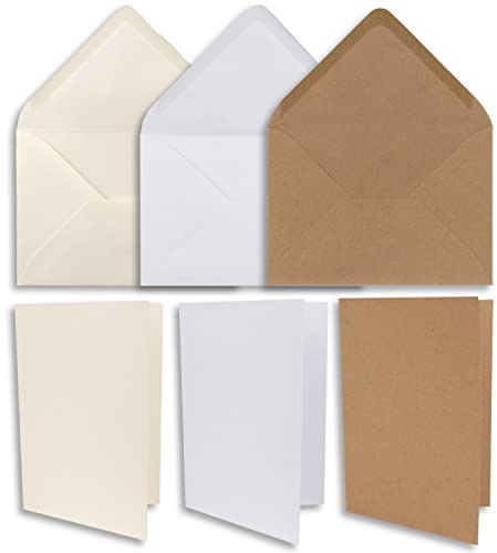 15x Faltkarten Set DIN B6 mit Briefumschlägen in Weiß, Creme und Kraftpapier Braun - Nassklebung, spitze Klappe - für Einladungen und Grußkarten