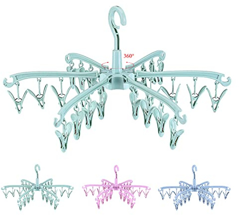 BONYCUST Clothes Sock Drying Hanger with 24 Clips,Foldable Hanging Rack | for Drying Socks Lingerie Baby Clothes Drying Towels Rotatable Sock Drying Rack with 24 Pegs Clips(Green)