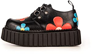 Lamoda Give A Little Black PU Multi-Flower Chunky Platform Creeper Shoes, Gothic Street Style, Lace-Up Closure, Comfortable Cushioned Insole, UK4