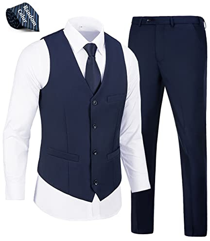 WOMS Suit for Men Formal Wedding Tuxedos for Groomsmen 2 Pieces Slim Fit Blue Suits Vest Pants Set with Tie Size S