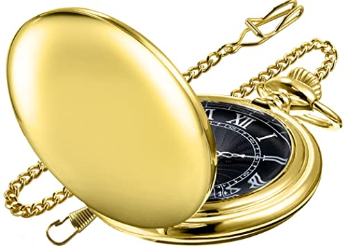 Realpoo Gold Smooth Round Case Quartz Pocket Watch ,Roman Numeral Black Dial Quartz Movement Pocket Watches with Belt Clip Chain