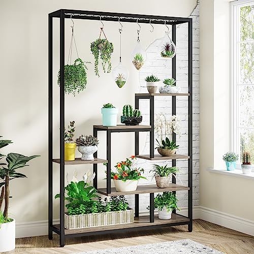 Tribesigns Support pour plantes d'intérieur à 5 niveaux - Étagère en métal de 180,1 cm avec 10 crochets de suspension en S - Pour intérieur, jardin, balcon, salon - Noir et gris