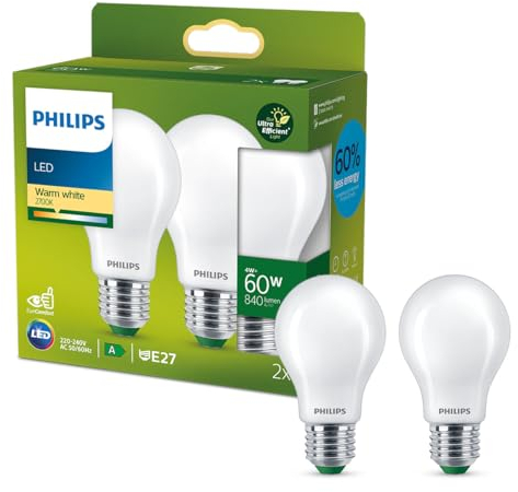 Philips LED Lampadina a Goccia Smerigliata Classe A Ultra Efficent, 2 Pezzi, 60W, E27, Luce Bianca Calda