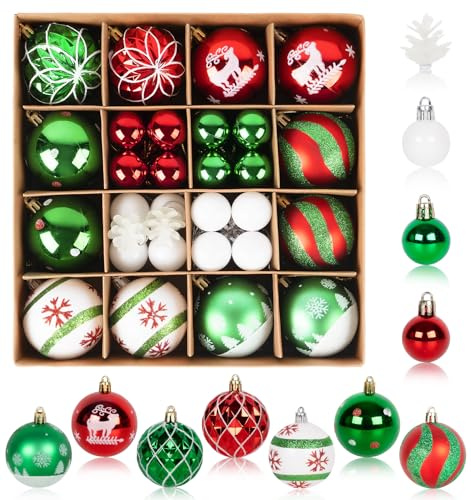 1Plusselect 42Pcs Christmas Baubles, Red Green White Christmas Tree Decorations Baubles, Shatterproof Xmas Balls Hanging Ornaments, Classic Xmas Decorations for Holiday Party Home Decor