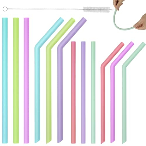 Samulee 12 Stück Silikon Strohhalme, Trinkhalme aus Silikon, Trinkhalme Wiederverwendbar mit Gewölbte und Gerade Rohre Bunt mit Reinigungsbürste 25cm für Kinder und Erwachsene(20cm/24.5cm)