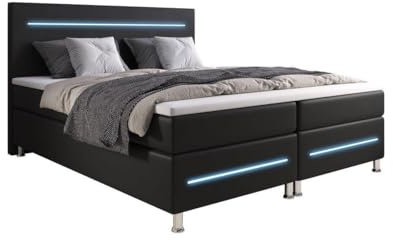 Boxspringbett Sejour 180x200 Doppelbett Polsterbett Bett mit LED-Beleuchtung | Bezug: | Farbe: Schwarz | Härtegrad: H3 (70-100kg)