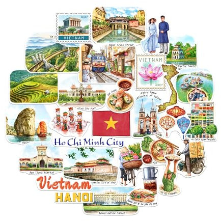 Navy Peony Stickers de Voyage Vibrants Vietnam (29 pièces) - Aquarelle, Décalcomanies Thématiques Vietnamiennes pour Journaux, Albums, Bagages, Gobelets