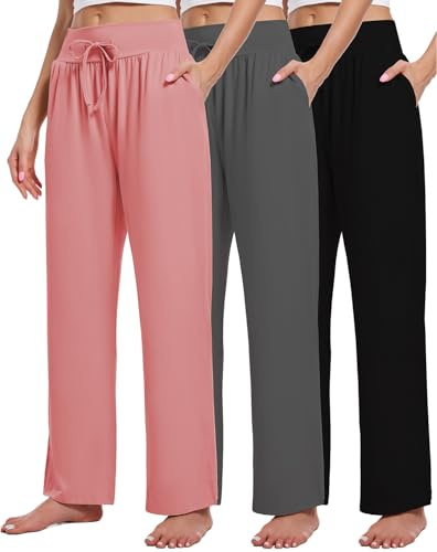 Kivdol 3 Pack Women's Lounge Pants Wide Leg Yoga Sweatpants with Pockets High Waisted Drawstring Lounge Loose Workout Jogger