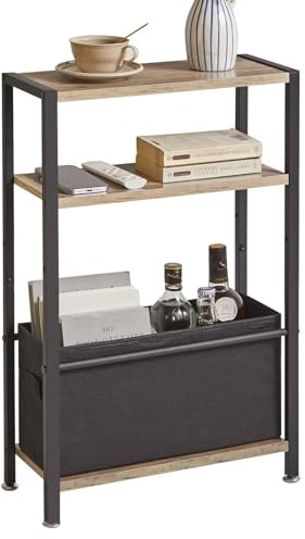 Aibiju Mesa Auxiliar Delgada de 3 Niveles con Cesta de Tela, Mesa Auxiliar Moderna para Sofá, Dormitorio, Estudio, Mesita de Noche, Oficina, Roble YD-TM052Y