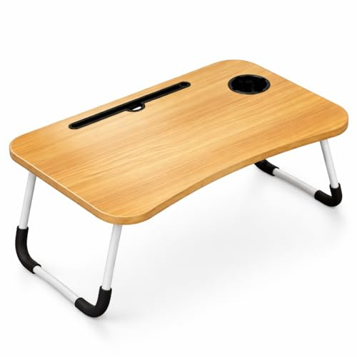 Mesa Plegable Auxiliar portátil pequeña. Mesita para Ordenador en Cama, Sofa, salón, Cocina, Suelo. Posavasos. Patas Antideslizantes. Ranura para Tablet y Pen. Superficie Texturizada. 60x40cm