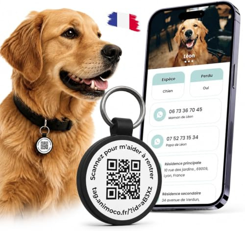 Médaille Chien Chat Personnalisée QR Code - Plaque d'Identification & Contact Immédiat lors du Scan - Gravure Inaltérable - Silicone Étanche - Marque Française - Sans Abonnement - Animoco