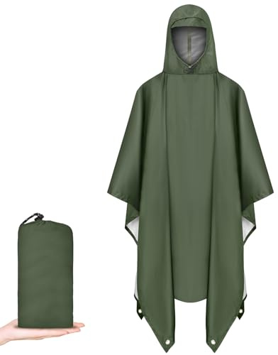 Vicloon Poncho de Lluvia Impermeable, Chubasquero con Capucha para Mujer Hombres, 3 en 1 Multifuncional Chubasquero Transpirable Ultrafino, Toldo Manta, Estera de Camping, Talla grande con Bolsa A