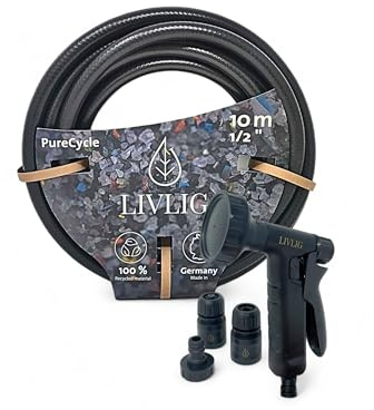 LIVLIG Tubo da giardino 10 m in set, tubo da giardino nero in materiale riciclato all'85%, tubo dell'acqua con soffione da giardino e connettore per tubo da 1/2, PureCycle