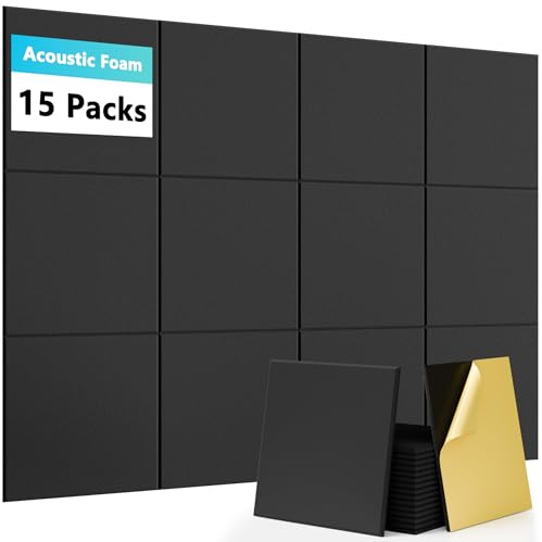15 Pack Self-Adhesive Sound Proof Foam Panels for Walls, Acoustic Panels 12 x 12 x 0.35 High Density Sound Absorbing Tiles for Home Studio, Office, Gaming Room & Theater