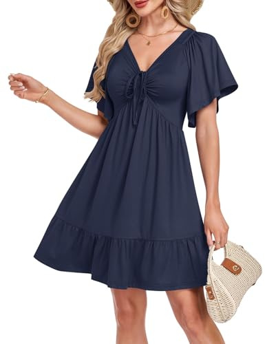 AUSELILY Women Summer Dresses Knee Length Navy Blue