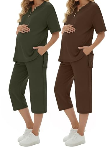 Yearntown Maternity Outfit for Women 2 Pack Soft Postpartum Pajamas Lounge Set Summer Short Sleeve Top Wide Leg Capri Pants(Army Green, Coffee,Large)