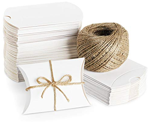 ABSOFINE 100 STK. Weiß Süßigkeiten Karton Hochzeit Gastgeschenke Geschenkboxen 7x9cm mit Juteschnur 60M für Süßigkeiten Schmuck Einladung Geschenk Party Fest