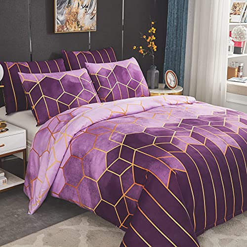 Dencalleus Bettwäsche-Set Geometrisch, 1 x Bettbezug 220x240 cm mit 2 x Kissenbezügen 50x70 cm, Weiche Bedding Set 3teilig Kuschelige Bettwäsche Set mit Reißverschluss, Lila
