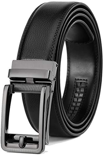 Founders & C Men's Leather Ratchet Comfort Click Belt Dress with Slide Buckle -Adjustable Trim to Fit (28-42 Waist Adjustable, Bright Gun Buckle W Classic Black Leather)