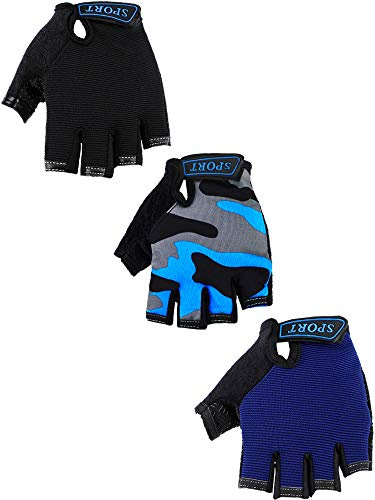 Boao 3 Pairs Kids Bike Gloves Kids Half Finger Fingerless Sports Gloves Non-Slip Gel for 7-12 Years(Vibrant)
