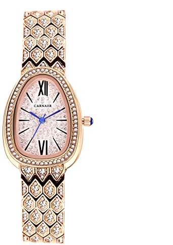 JewelryWe Uhren Damen Analog Quarz 30m wasserdichte Armbanduhr Elegant Luxus Glitzer Strass Römische Ziffern Zifferblatt Schlangenkopf Form Beiläufige Uhr Damenuhr mit Metall-Armband Rosegold