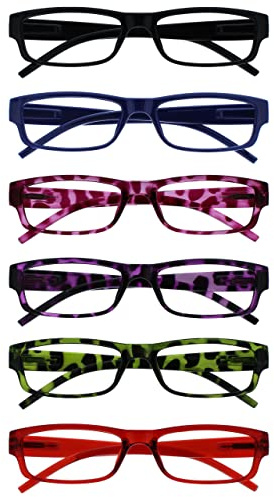 OPULIZE Ace Gafas de Lectura Pack de 6 Montura Delgada Clásica para Todos los Días Negro Azul Rosa Morado Verde Rojo Resistente a los Arañazos Bisagras con Muelle Hombre Mujer RRRRRRR32-13456Z +1.00