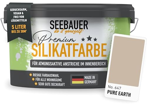 SEEBAUER diy Silikatfarbe Hellbraun 5L für Innen (No. 647 Pure Earth) Atmungsaktive Mineralfarbe für Allergiker - Abwaschbare Wandfarbe - Brauntöne hohe Deckkraft