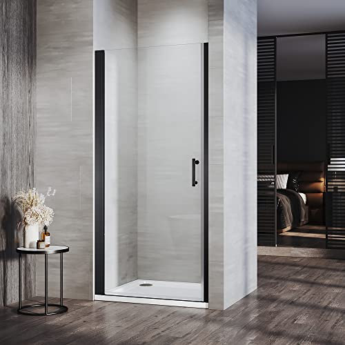 ELEGANT 760mm Black Frameless Pivot Shower Door Enclosure 6mm Safety Glass Reversible Shower Cubicle Door