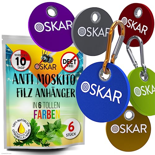 OSKAR Mückenschutz Anhänger, Bunt gemischt - 6x Filzanhänger + 2x Karabiner - Anti Mücken Set, extrem effektive Stechmücken Abwehr | Anti Mosquito Anhänger für Taschen, Rucksack oder Schulranzen