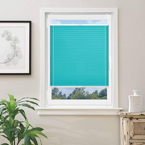 Thermo Plissee Ohne Bohren 75 x 190 cm Einfache Montage, Pflegeleicht Jalousien Zum Klemmen 2 Bedienschienen aus Aluminium für Wohnzimmer, Blau