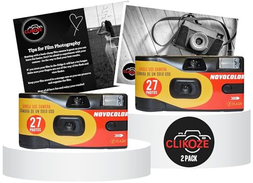 Disposable Camera Twin Pack Bundle with Novocolor Single-Use Film Camera 27 Exposures and Clikoze Photography Tips Card
