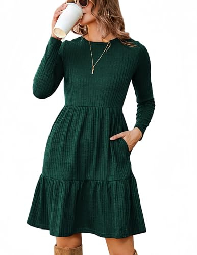 Zeagoo Abiti da Donna Autunno Casual Elegante Vestiti A Linea Maniche Lunghe Girocollo Midi Abito Verde L