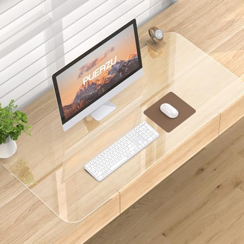 PUEAZU Schreibtischmatte Klare, 90x40x0,15cm Groß Transparent Schreibtischauflage Durchsichtige PVC Schreibtischunterlage Rutschfest Wasserdichte Tischunterlage Kinder Tisch-Schutz für Büro Zuhause
