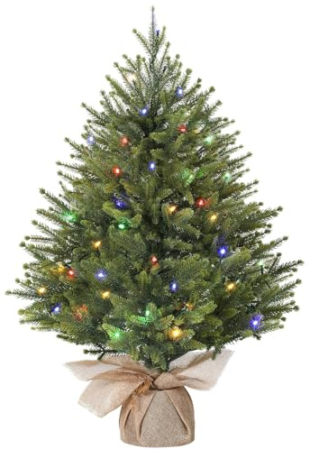 Alupssuc 2FT Pre-illuminato Mini Albero di Natale Artificiale, Rami in PE con Base in Sacco di Iuta, Luci LED Colorate, 12 Modalità di Luce, Perfetto per Decorazioni Natalizie, Casa, Cucina-Verde