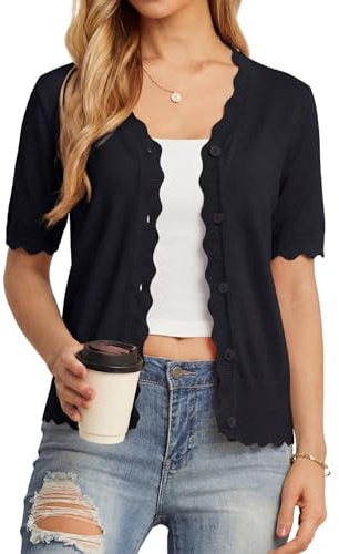 GRECERELLE Womens Summer Cardigan Lightweight Button Down Short Sleeve Cardigans Ladies Knit V-Neck Scalloped Shrugs Cardigans (Black, L)