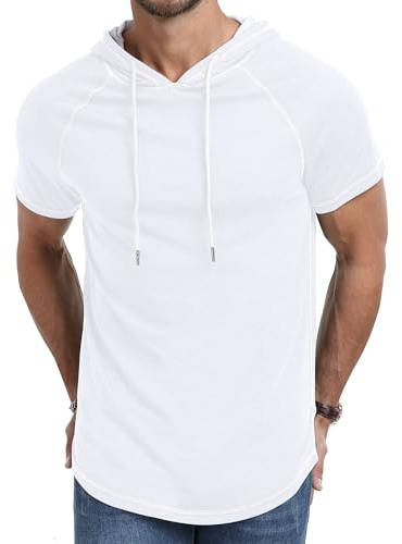 AIYINO Men's Short Sleeve Hoodie Workout Gym Sweatshirt Muscle Fit Fashion Athletic Hoodies Pullover Cotton Hooded T-Shirts L White