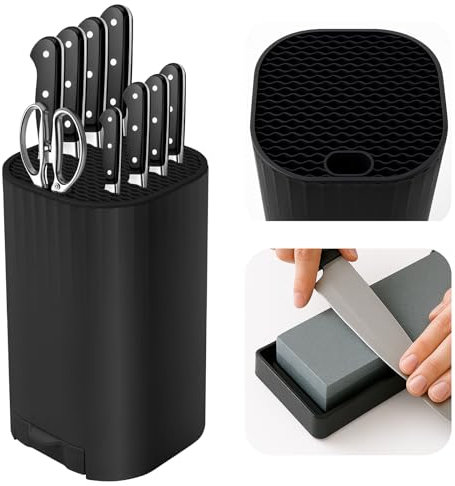 Knife Block Without Knives, Qoosea 4 in 1 Universal Square Knives Block with Scissors Slot Sharpening Rod Slot and Stone, Detachable Kitchen Knife Storage Holder for Easy Cleaning Space Saver-Black