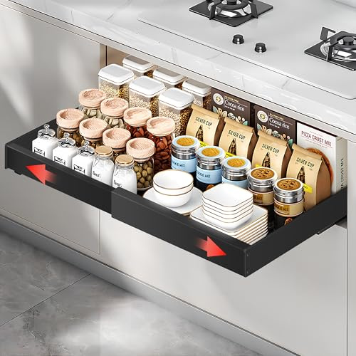 KiwiPower Telescopic Drawer, Extra Deep, Extendable Drawer for Kitchen Cabinet, Width 32-50 cm, Depth 52 cm, No Drilling, Adjustable Cupboard Organiser with Adhesive Tape & Screws (Black)
