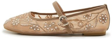 ATBELL Women's Mesh Ballet Flats Embroidered Floral Mary Jane Flats Casual Comfortable Round Toe Ballerina Shoes, Nude Pearl, 7 UK
