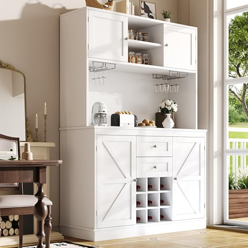 Moimhear Armadietto da cucina con ripiani regolabili e scaffale per vino, a buffet alto con 4 ante e 2 cassetti, armadietto a buffet (bianco, 120 x 40 x 188 cm)