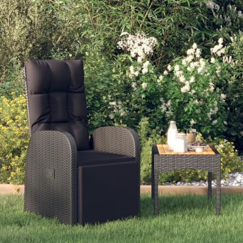 Qnhdfrt Poltrona da giardino regolabile nera con cuscino in rattan PE e telaio in acciaio per esterni, giardino, terrazza, balcone, poltrona relax