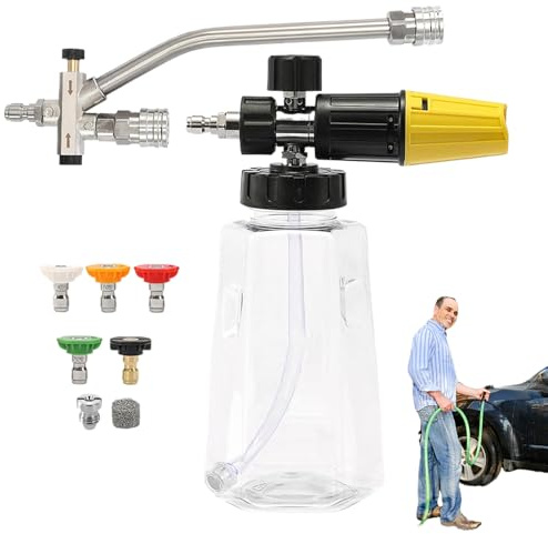 Cañón de Lavado Coches Jabón para Hidrolimpiadora con 5 Boquillas, Conector Rápido, Dosificador 1000ml Casa, Jardín, Exteriores y Conducción