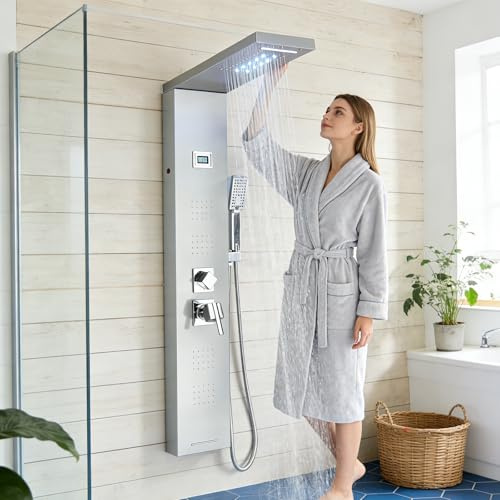 HARNART Sistema di pannello doccia con 5 modalità,Torre del pannello doccia a LED,4 getti di massaggio del corpo Becco per vasca da bagno soffione doccia a mano con tubo da 1,5 m,Set doccia,Spazzolato