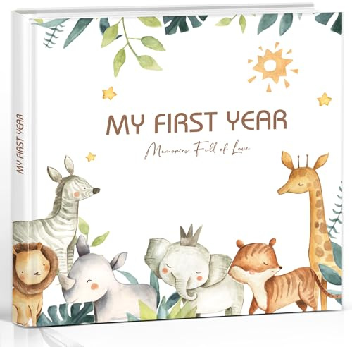 Hyggartn Baby Album “My First Year” – Memory Book for Baby’s First Year, 84 Pages (21 × 21 cm) with Stickers – Woodland & Safari Animal Design – Gift for Newborns, Baby Shower & Christening
