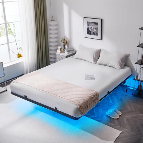 Bonnlo Double Bed Frame 135x190 cm, Floating Bed with LED Light Strip, USB & Type-C Ports, Charging Socket, Underbed Storage, Black, for Adults & Teenagers Room, Black