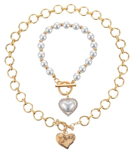 Bremorou Chunky Gold Necklace For Women Vintage Chunky Gold Heart Chain Necklace With Hammered Heart Pendant Choker Necklaces Pearl Bracelet For Women Trendy Jewelry Gift