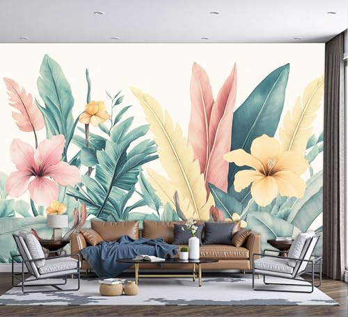 Papel Tapiz Fotográfico Hojas Y Flores De Plantas Tropicales Murales, Póster Estilo De Ilustración Retro Mural De Pared Papel Tapiz Fotográfico 250x175cm Papels Pintado Tela de Seda Para Sala De Estar