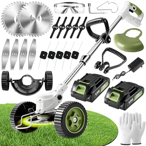 Aimmbiuty Desbrozadora Eléctrica de Batería 21V - Cortabordes Batería 4Ah con 4 Tipos de Cuchillas, Mango Telescópico Ajustable para Jardín, Césped y Bordes, Potente y Ligera (Beige)