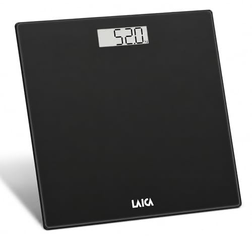 LAICA PS1084 digital personvåg – italiensk tunn design i härdat glas, stor LCD-skärm – maximal belastning 180 kg – svart