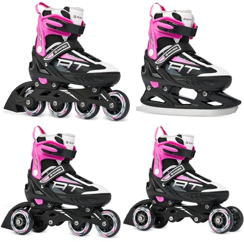 RAVEN Profession 4in1 Inline Skates Pattini in linea Triskates Pattini a rotelle/da ghiaccio per bambini e adulti regolabili (Black/Pink, 35-39 (23cm-25,5cm))